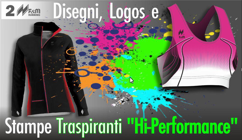 Uno schizzo di colori su 2 capi di Abbigliamento Running: un giacchino nero e un Top donna Fucsia-bianco-nero. E la scritta Disegni, Logos e Stampe Traspiranti Hi-Performance