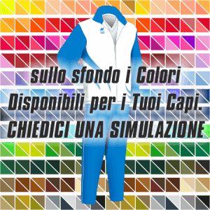 Tuta da rappresentanza articolo 149 disegno (modello) 213 nel colore Azzurro Royal-Bianco. Nello sfondo pantone con tutti i colori disponibili per creare il capo personalizzato. "Chiedi una simulazione".