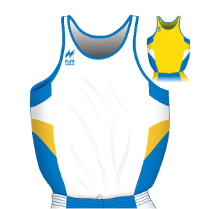 Canotta gara Uomo da Running traspirante Hi-Performance. Disegno A236 colore Bianco-Giallo-Azzurro e in miniatura Giallo-Bianco-Azzurro.