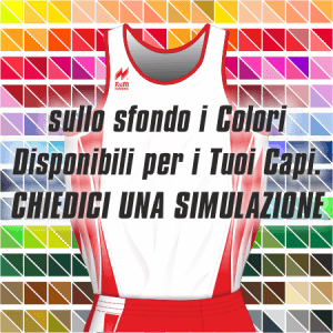 Canotta gara Donna art. A246Donna Modello (disegno) 246 nel colore Bianco-Rosso. Nello sfondo pantone con tutti i colori disponibili per creare il capo personalizzato. "Chiedi una simulazione".