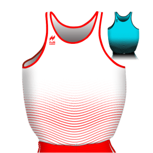 Canotta gara Uomo da Running traspirante Hi-Performance articolo A2490. Su sfondo bianco Disegno "Onde" Rosso con sfumatura puntiforme progressiva.