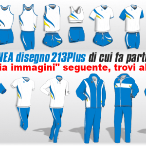 vari capi di Abbigliamento Tecnico Running Team Linea (Disegno) 213plus nei colori Bianco-Giallo-Azzurro. Completino Gara, Canotta Aderente, Maglia Smanicata, Top e Pantaslip, Maglia Manica Corta, Maglia Aderente, Bermuda e Fuseaux, Maglia termica manica lunga, Polo e Pantalone Pre-Dopo Gara, Tute da Rappresentanza