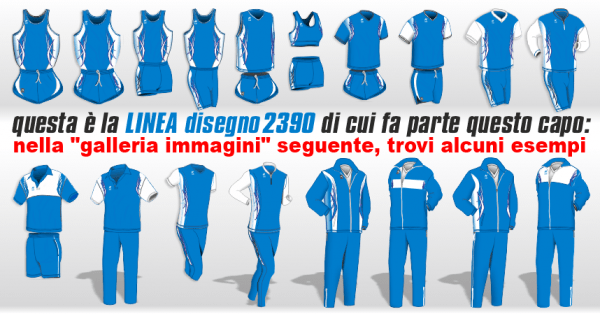 vari capi di Abbigliamento Tecnico Running Team Linea (Disegno) 2390 nei colori Azzurro-Bianco: Completino Gara, Canotta Aderente, Maglia Smanicata, Top e Pantaslip, Maglia Manica Corta, Maglia Aderente, Bermuda e Fuseaux, Maglia termica manica lunga, Polo e Pantalone Pre-Dopo Gara, Tute da Rappresentanza