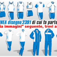 vari capi di Abbigliamento Tecnico Running Team Linea (Disegno) 2391 nei colori Bianco-Azzurro: Completino Gara, Canotta Aderente, Maglia Smanicata, Top e Pantaslip, Maglia Manica Corta, Maglia Aderente, Bermuda e Fuseaux, Maglia termica manica lunga, Polo e Pantalone Pre-Dopo Gara, Tute da Rappresentanza