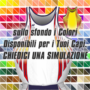 Canotta gara Uomo da Running traspirante Hi-Performance. Articolo A232 colore bianco con disegno Rosso-Blu-Giallo. Nello sfondo pantone con tutti i colori disponibili per creare il capo personalizzato. "Chiedi una simulazione".