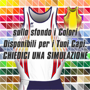 Canotta gara Donna da Running traspirante Hi-Performance. Articolo A232Donna colore bianco con disegno Rosso-Blu-Giallo. Nello sfondo pantone con tutti i colori disponibili per creare il capo personalizzato. "Chiedi una simulazione".