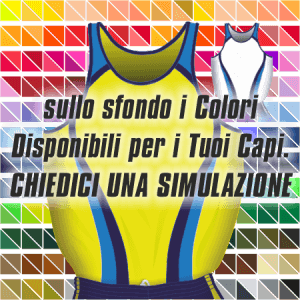 Canotta gara Uomo da Running traspirante. Articolo A240 colore Giallo-Blu-Azzurro. Nello sfondo pantone con tutti i colori disponibili per creare il capo personalizzato. "Chiedi una simulazione".