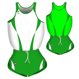 Completi gara Uomo da Running traspiranti. Articolo A243-a343 le canotte sono di colore Bianco-Verde e Verde acido-verde. I pantaloncini sono entrambi di colore verde-Bianco.