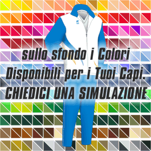 Tuta da rappresentanza articolo 149 disegno (modello) 213Plus nel colore Azzurro Royal-Bianco-Giallo. Nello sfondo pantone con tutti i colori disponibili per creare il capo personalizzato. "Chiedi una simulazione".