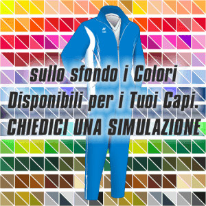 Tuta da rappresentanza articolo 149 disegno (modello) 2390 nel colore Azzurro Royal-Bianco. Nello sfondo pantone con tutti i colori disponibili per creare il capo personalizzato. "Chiedi una simulazione".