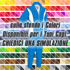 Tuta da rappresentanza articolo 1490 disegno (modello) 213Plus nel colore Azzurro Royal-Bianco-Giallo. Nello sfondo pantone con tutti i colori disponibili per creare il capo personalizzato. "Chiedi una simulazione".