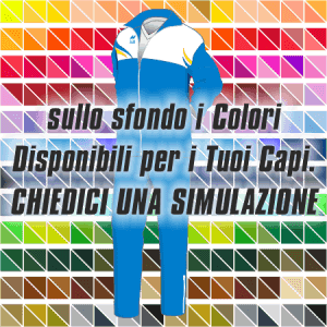 Tuta da rappresentanza articolo 1493 disegno (modello) 213Plus nel colore Azzurro Royal-Bianco-Giallo. Nello sfondo pantone con tutti i colori disponibili per creare il capo personalizzato. "Chiedi una simulazione".
