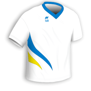 Maglia gara running traspirante Manica Corta. Articolo A213PlusMM nel colore Bianco-Azzurro-Giallo.