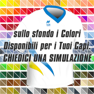 Maglia gara running traspirante Manica Corta. Articolo A213PlusMM nel colore Bianco-Azzurro-Giallo. Nello sfondo pantone con tutti i colori disponibili per creare il capo personalizzato. "Chiedi una simulazione".