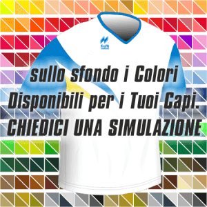 Maglia Gara Manica Corta traspirante per il running articolo A2570 disegno (modello) 213Plus nel colore Bianco-Azzurro-Giallo. Nello sfondo pantone con tutti i colori disponibili per creare il capo personalizzato. "Chiedi una simulazione".