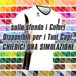 Maglia Aderente manica corta Slim-Fit per gara running Articolo a2670 modello (disegno) 2392 nel colore Bianco con Disegno Nero-Arancio. Nello sfondo pantone con tutti i colori disponibili per creare il capo personalizzato. "Chiedi una simulazione".