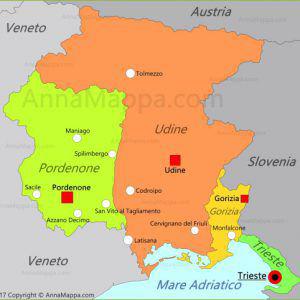 Immagine della regione Friuli Venezia Giulia con diverso colore per ogni provincia.