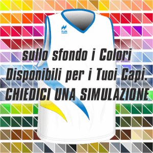 Maglia gara running traspirante Smanicata. Articolo A213PlusSM nel colore Bianco-Azzurro-Giallo. Nello sfondo pantone con tutti i colori disponibili per creare il capo personalizzato. "Chiedi una simulazione".