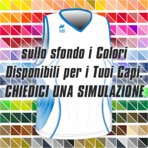 Maglia gara traspirante smanicata articolo A2391SM nel colore Bianco-Azzurro. Nello sfondo pantone con tutti i colori disponibili per creare il capo personalizzato. "Chiedi una simulazione".