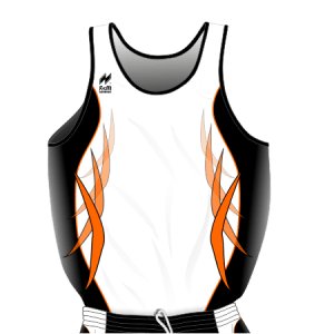Canotta gara Uomo Spallina Larga da Running, traspirante Hi-Performance. Articolo A2392SL colore bianco con disegni Nero-Arancio.