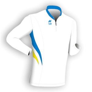 Maglia Aderente manica lunga Slim-Fit per gara running Articolo a267 modello (disegno) 213Plus nel colore Bianco con Disegno Azzurro-Giallo.