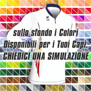 Maglia Aderente manica lunga Slim-Fit per gara running Articolo a267 modello (disegno) 232 nel colore Bianco con Disegno Rosso-Giallo-Blu. Nello sfondo pantone con tutti i colori disponibili per creare il capo personalizzato. "Chiedi una simulazione".