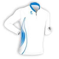 Maglia Aderente manica lunga Slim-Fit per gara running Articolo a267 modello (disegno) 2391 nel colore Bianco con Disegno Azzurro.