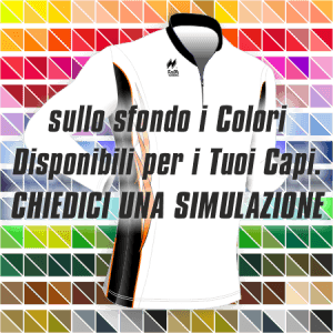Maglia aderente slim-fit manica lunga da corsa articolo A267 disegno (modello) 2392 nel colore Bianco-Nero-Arancio. Nello sfondo pantone con tutti i colori disponibili per creare il capo personalizzato. "Chiedi una simulazione".