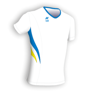 Maglia Aderente manica corta Slim-Fit per gara running Articolo a2670 modello (disegno) 213Plus nel colore Bianco con Disegno Azzurro-Giallo.