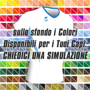 Maglia Aderente manica corta Slim-Fit per gara running Articolo a2670 modello (disegno) 213Plus nel colore Bianco con Disegno Azzurro-Giallo. Nello sfondo pantone con tutti i colori disponibili per creare il capo personalizzato. "Chiedi una simulazione".