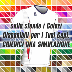 Maglia Aderente manica corta Slim-Fit per gara running Articolo a2670 modello (disegno) 232 nel colore Bianco con Disegno Rosso-Giallo-Blu. Nello sfondo pantone con tutti i colori disponibili per creare il capo personalizzato. "Chiedi una simulazione".