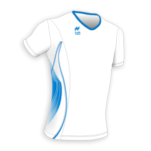 Maglia Aderente manica corta Slim-Fit per gara running Articolo a2670 modello (disegno) 2391 nel colore Bianco con Disegno Azzurro.