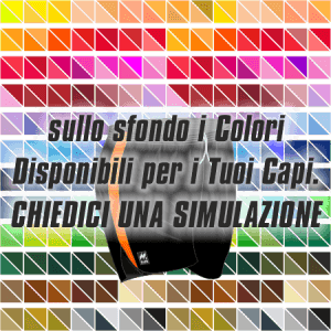 Pantaloncino gara lungo da corsa art. A3602 nel colore Nero-Arancio. Nello sfondo pantone con tutti i colori disponibili per creare il capo personalizzato. "Chiedi una simulazione".