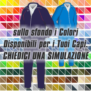 2 esempi di Tute da Rappresentanza articolo 101 nei colori Blu Navy con profilo Rosso e Azzurro Royal con profilo Bianco. Nello sfondo pantone con tutti i colori disponibili per creare il capo personalizzato. "Chiedi una simulazione".