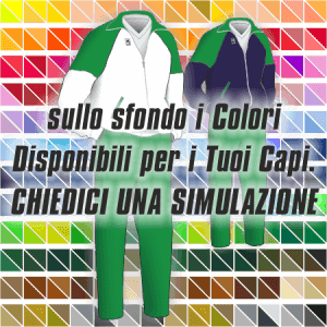 2 esempi di Tute da Rappresentanza articolo 102 nei colori Verde-Bianco e Verde-Blu Navy. Nello sfondo pantone con tutti i colori disponibili per creare il capo personalizzato. "Chiedi una simulazione".