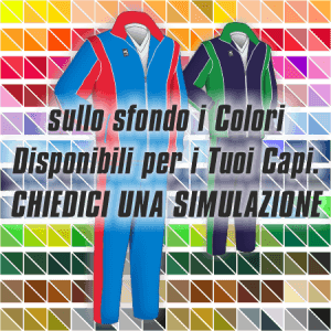 2 esempi di Tute da Rappresentanza articolo 128 nei colori Azzurro Royal-Rosso e Blu Navy-Verde. Nello sfondo pantone con tutti i colori disponibili per creare il capo personalizzato. "Chiedi una simulazione"