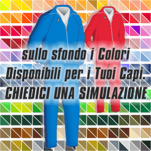 2 esempi di Tute da Rappresentanza articolo 146 nei colori Rosso con sopramanica Bianco e Azzurro Royal con sopramanica Blu. Nello sfondo pantone con tutti i colori disponibili per creare il capo personalizzato. "Chiedi una simulazione".