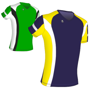 2 esempi di Maglia gara aderente manica corta Slim-Fit a2660 nei colori Blu Navy-Bianco-Giallo e Verde-Blu-Bianco. Con Rifrangente per la corsa notturna sulle maniche.