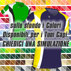 2 esempi di Maglia aderente manica corta Slim-Fit a2660 nei colori Blu Navy-Bianco-Giallo e Verde-Blu-Bianco. Nello sfondo pantone con tutti i colori disponibili per creare il capo personalizzato. "Chiedi una simulazione"