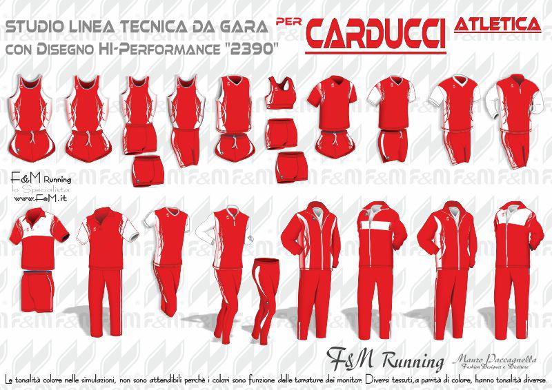 Studio Linea tecnica da gara con disegno 2390 per Carducci Atletica nei colori Rosso-Bianco: Completino Gara, Maglie Smanicate e Manica Corta, Top e Pantaslip, Bermuda, Pinocchietto e Fuseaux, Maglia manica lunga, Polo e Pantalone Pre-Dopo Gara, Tute da Rappresentanza