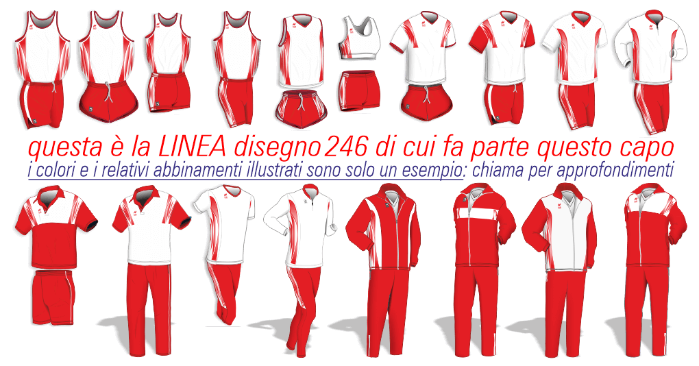 foto riepilogativa della linea tecnica dis.246: Completino Gara, Maglie Smanicate e Manica Corta, Top e Pantaslip, Bermuda e Fuseaux, Maglia manica lunga, Polo e Pantalone Pre-Dopo Gara, Tute da Rappresentanza