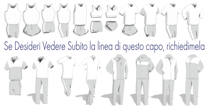 foto riepilogativa di una linea tecnica: Completino Gara, Maglie Smanicate e Manica Corta, Top e Pantaslip, Bermuda e Fuseaux, Maglia manica lunga, Polo e Pantalone Pre-Dopo Gara, Tute da Rappresentanza