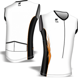 Maglia smanicata aderente slim-fit articolo A25Sky.MI disegno 2392 per la Corsa in Montagna. Colore Bianco-Nero-Arancio. Cerniera lunga anteriore, tasche elasticizzate posteriori a scalare e fondo allungato del corpo dietro.