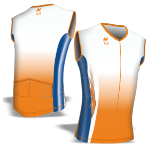 Maglia smanicata aderente slim-fit articolo A25Sky.MI disegno 2392 per la Corsa in Montagna. Colore Bianco-Arancio-Blu. Cerniera lunga anteriore, tasche elasticizzate posteriori a scalare e fondo allungato del corpo dietro.