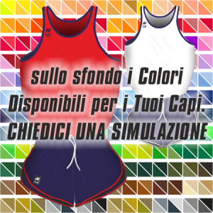 Completi gara Uomo da Running, traspiranti Hi-Performance. Articolo A206+A306 colore Rosso-Blu e Bianco-Blu. Nello sfondo pantone con tutti i colori disponibili per creare il capo personalizzato. "Chiedi una simulazione".